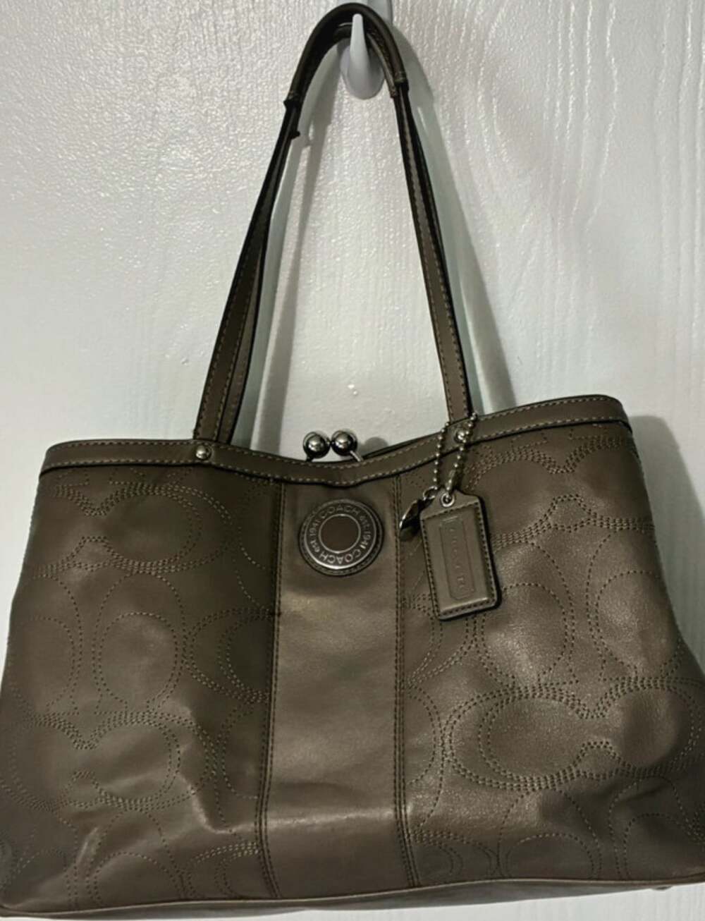 Coach Signature Stitched Kisslock Tote Bag Pewter Metallic